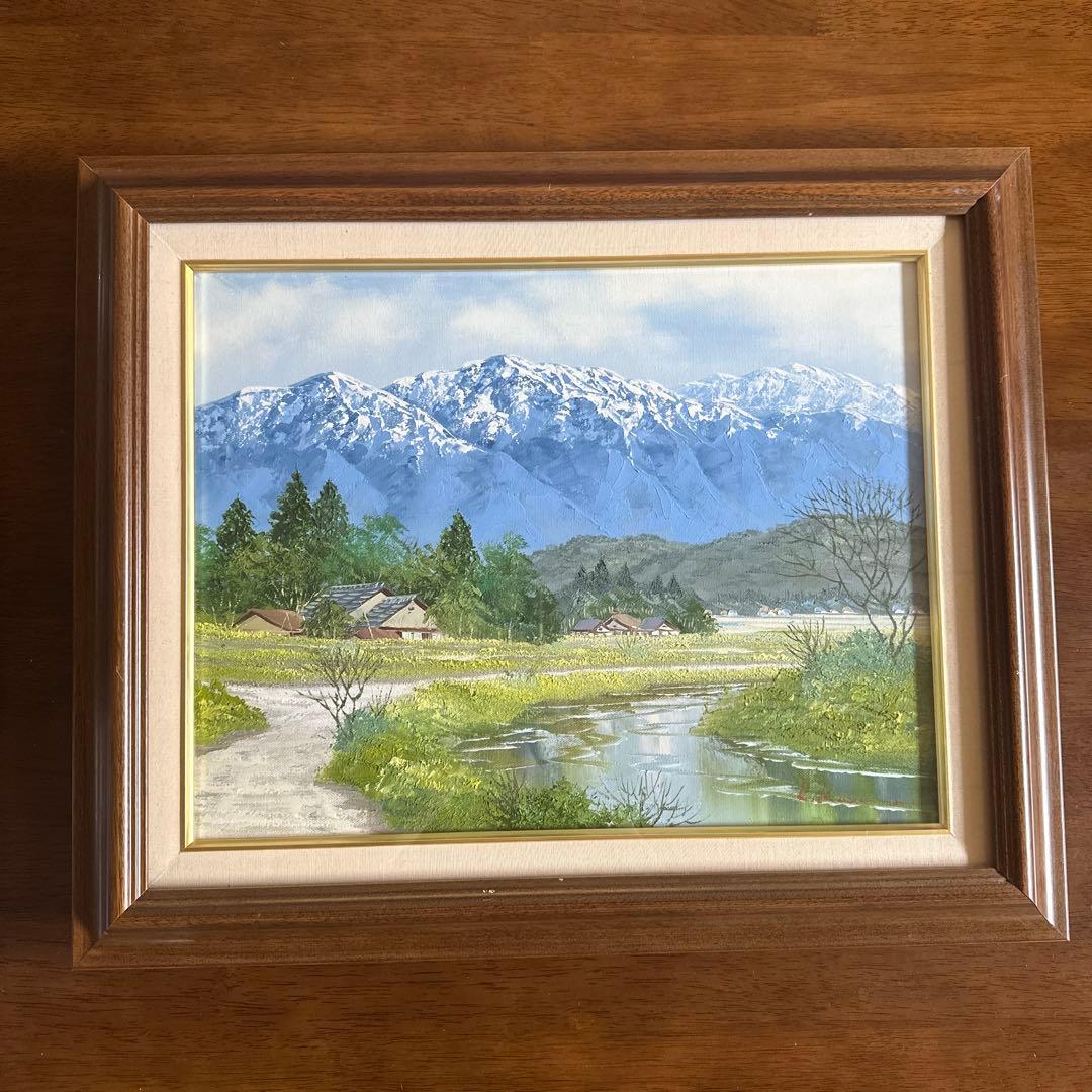雪山と川の風景 油彩画