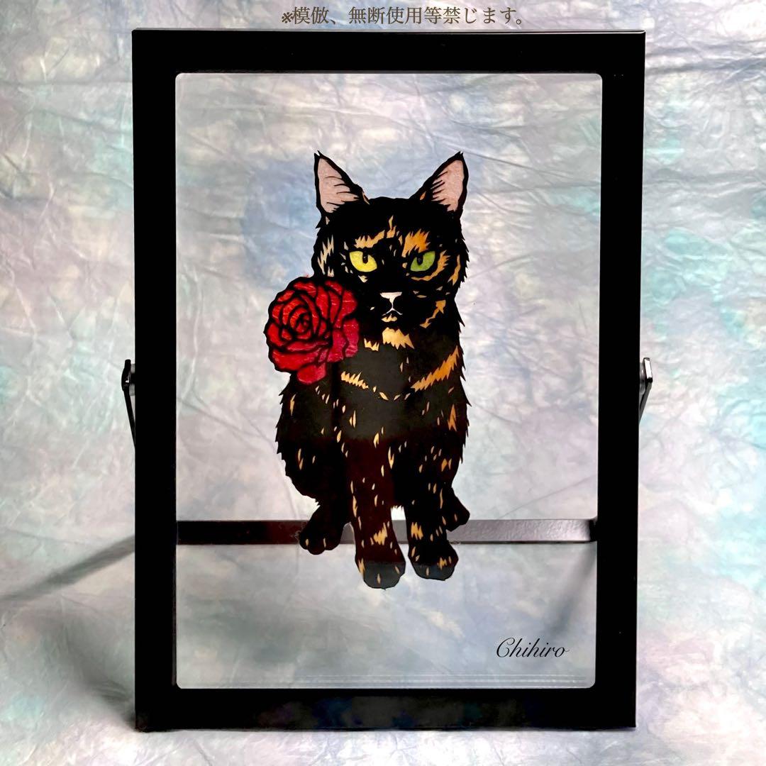 絵画 猫 さび猫 黒猫 切り絵 日本画 猫の絵 猫雑貨 立体 影絵 春 和紙