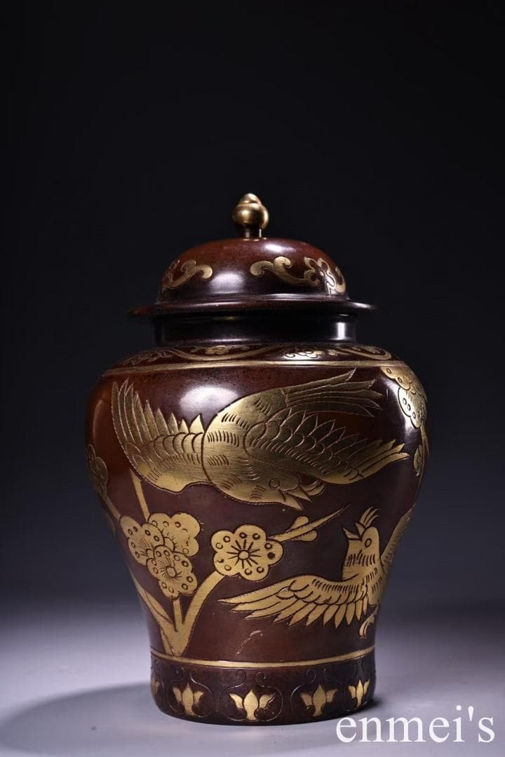 中国古美術・旧蔵鎏金の将軍罐・純手作り・純紫銅製・高浮彫・案頭・文房具・禮品