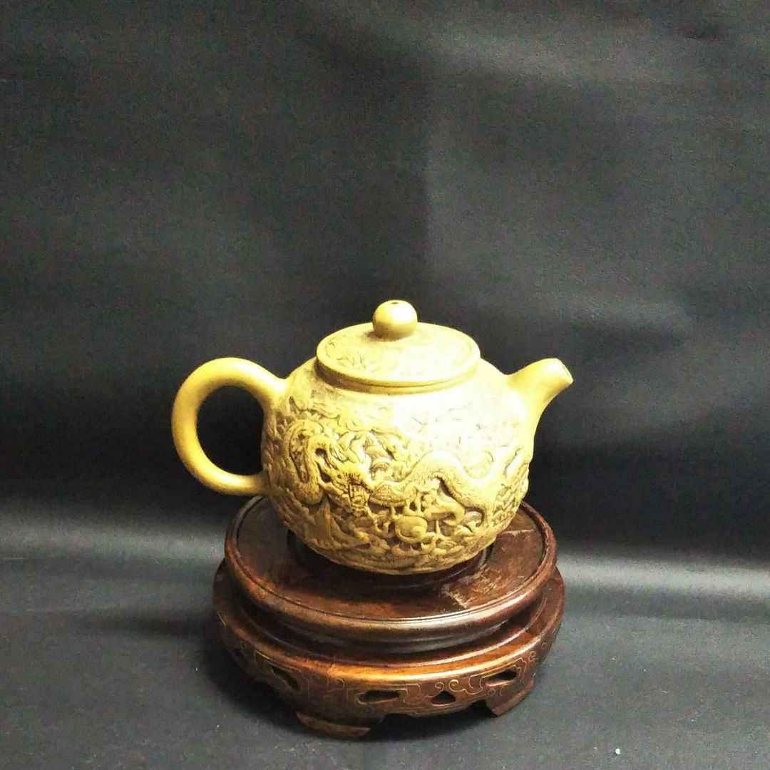 ※中国古美術/朱泥紫砂龍怒濤紋茶壺/大周陶藝工作室栄誉出品作品