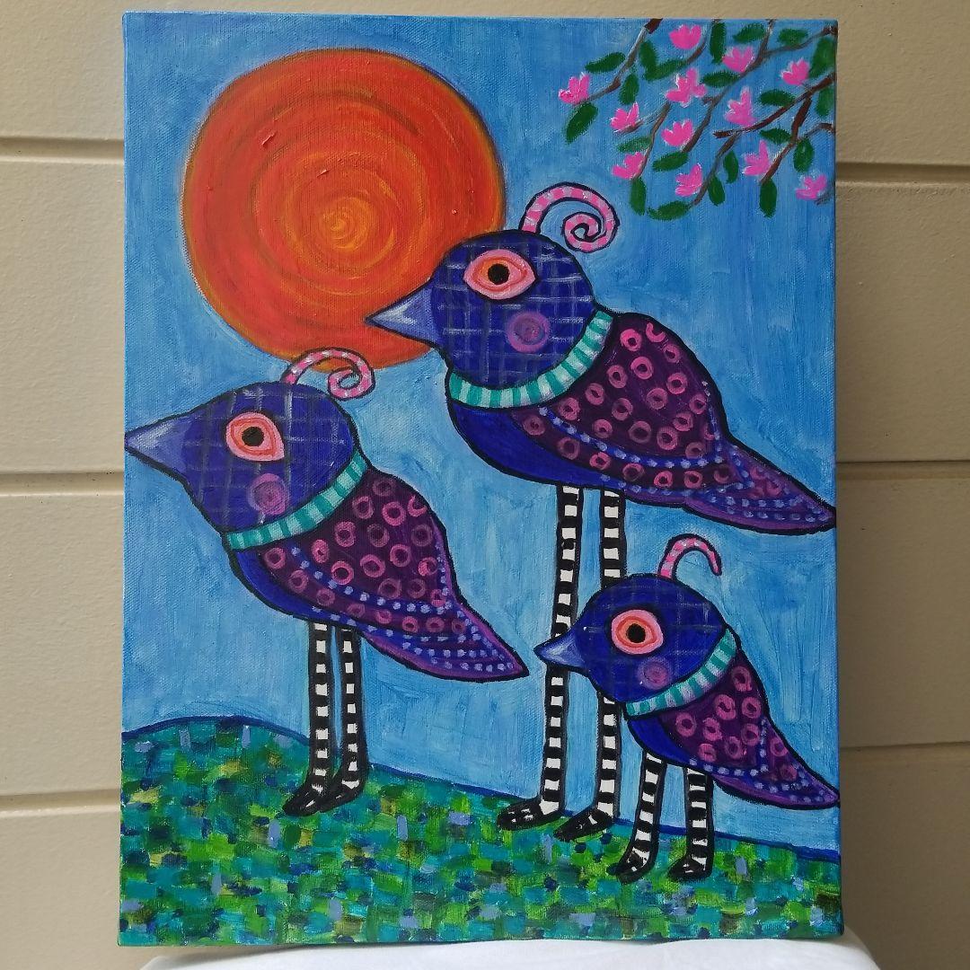 油絵　専用　旅に出る決意をする鳥の家族