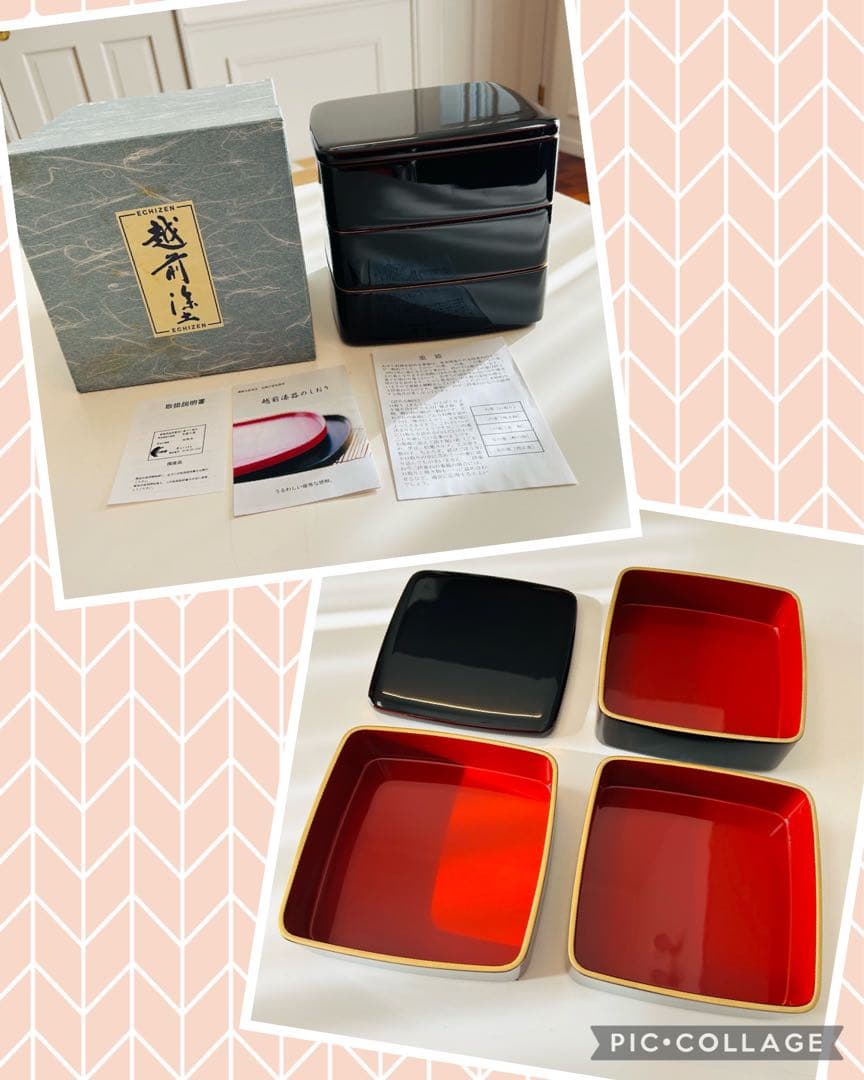 美品　高級　越前塗　3段重　木製　6寸 胴張　留内朱　渕金