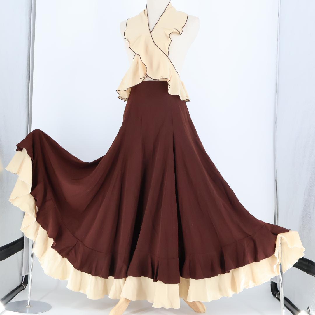 【美品 フラメンコ衣装】ブラウン ファルダ シージョ スカート ボランテ フリル