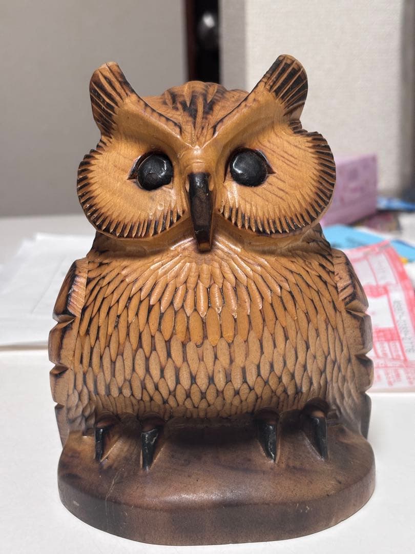 木製フクロウ彫刻 約15cm