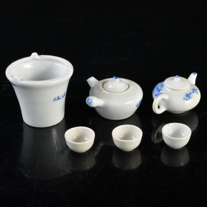 中国　青花　山水文　ミニチュア茶器　急須　涼炉　湯呑　4点　V　R4721
