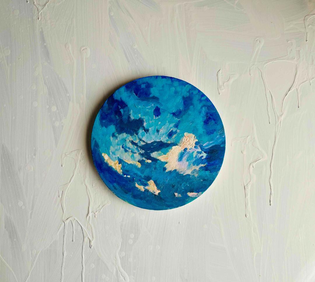 直径25㎝「朝の空　2025-2」油彩・絵画・原画・丸形・アートパネル