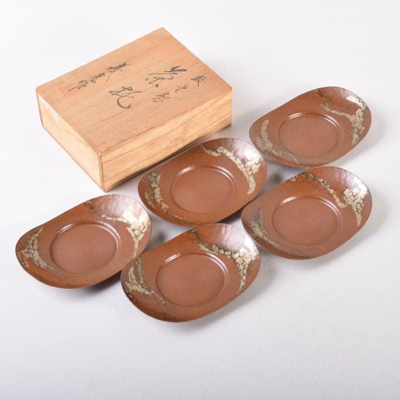 煎茶道具　高岡銅器　鍛金製　西村義光作　茶托　五客　共箱　C　7040