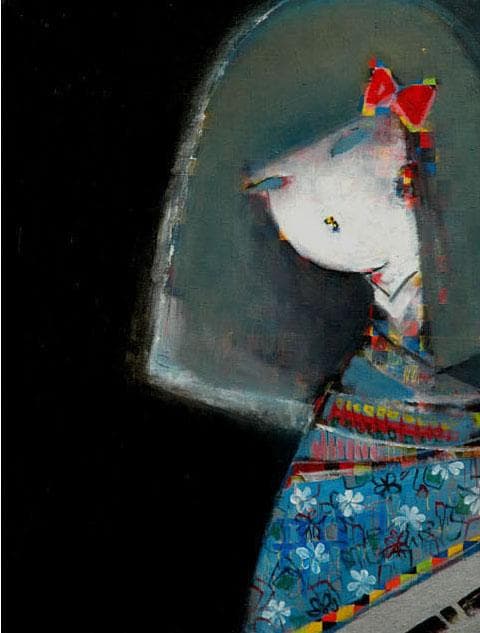 油絵 菅家令子絵 絵画インテリア額付(青緑＋金色の枠)F6-083111市松人形