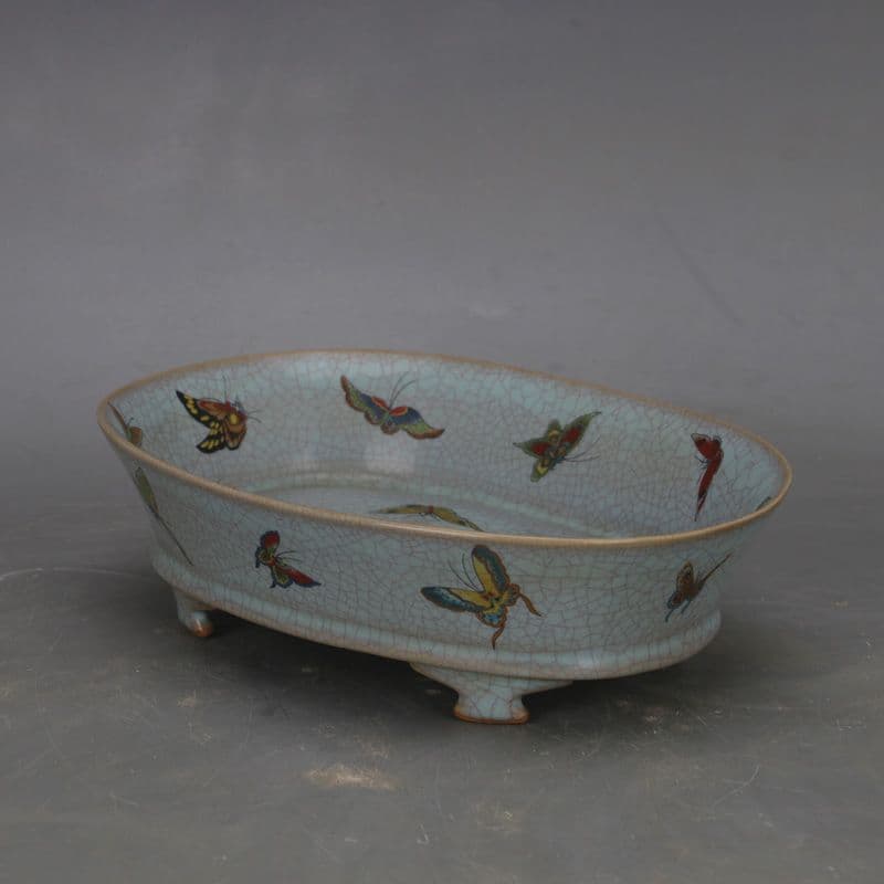 宋汝窯 天青釉蝶紋 四足水仙盆 景徳鎮 陶磁器 装飾品 現代工芸品 美術品 置物