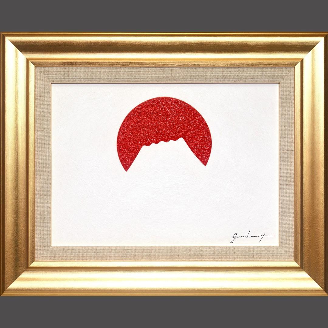 肉筆油絵●【日の出の太陽と白富士】がんどうあつし絵画F4号額縁付富士山朝日本