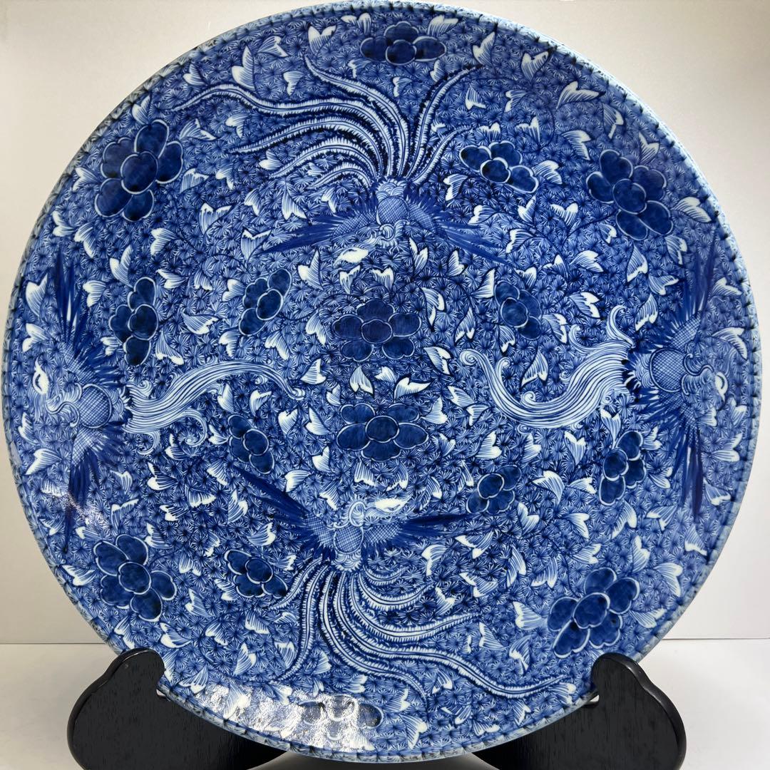 江戸中後期　古伊万里　極美品　染付鳳凰文大皿　約46.5㎝東Y7-1212☆2F