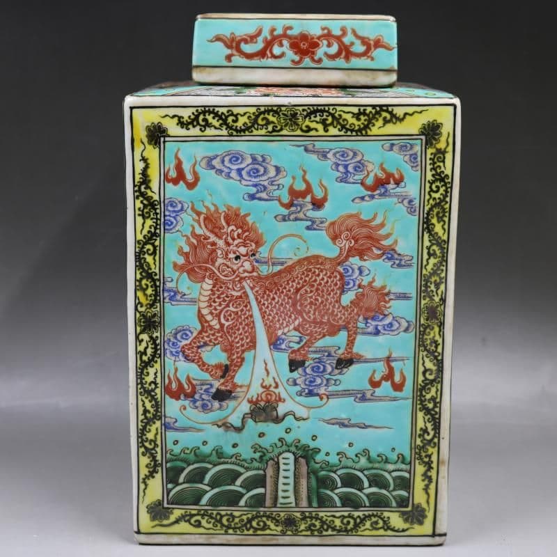清康熙緑地粉彩麒麟紋方茶壺 茶道具景徳鎮 陶磁器 装飾品 現代工芸品美術品 置物