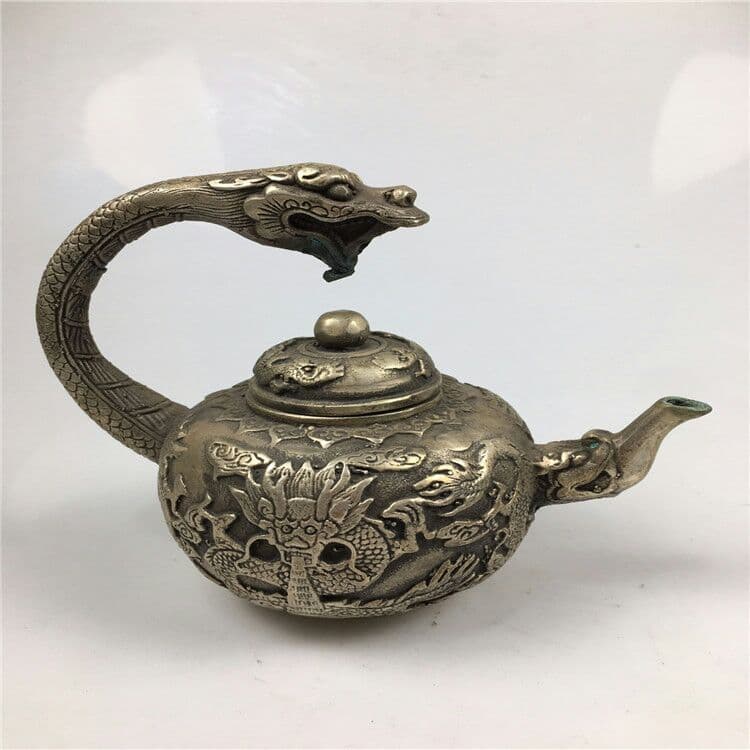 アンティーク工芸品白銅竜頭引出しポット置物 銅急須置物
