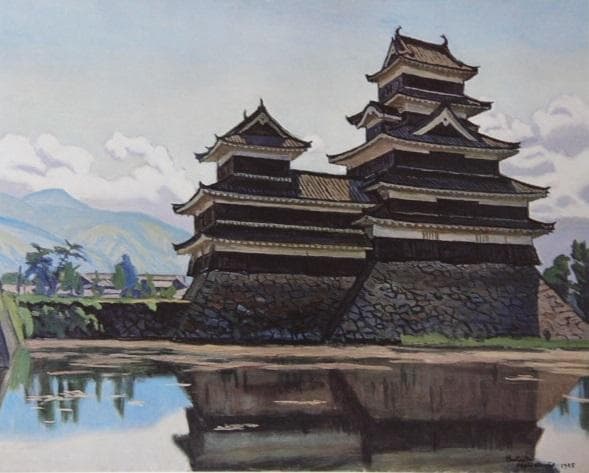 石井柏亭、松本城、限定希少画版・大判コロタイプ、信州名画、新品高級額装付