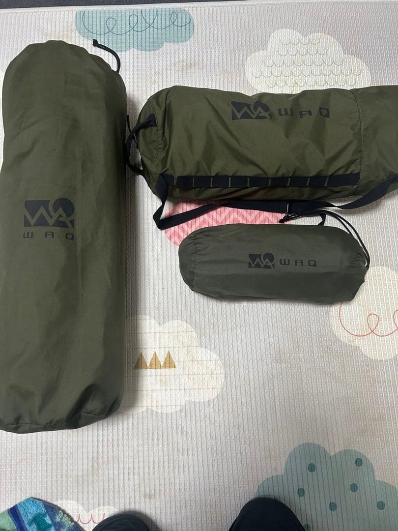 【美品】WAQ オリーブ コット＋インフレータブルマット＋ピロー　3点セット
